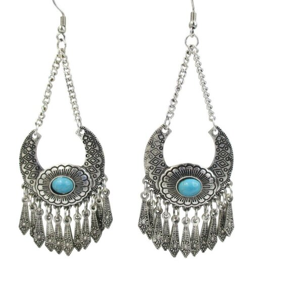 nOir Jewelry Ethnic Tassled Drop Silver Turquoise Boho Earrings NWT - Picture 3 of 4